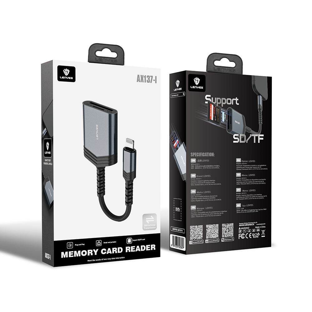 LENYES AX137-I 2in1 Lightning to TF/SD Card Converter - Black LENYES AX137-I 2in1 Lightning to TF/SD Card Converter - Black